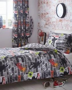 Skater Boy Reversible Duvet Quilt Cover Bedding Set Grey Bla